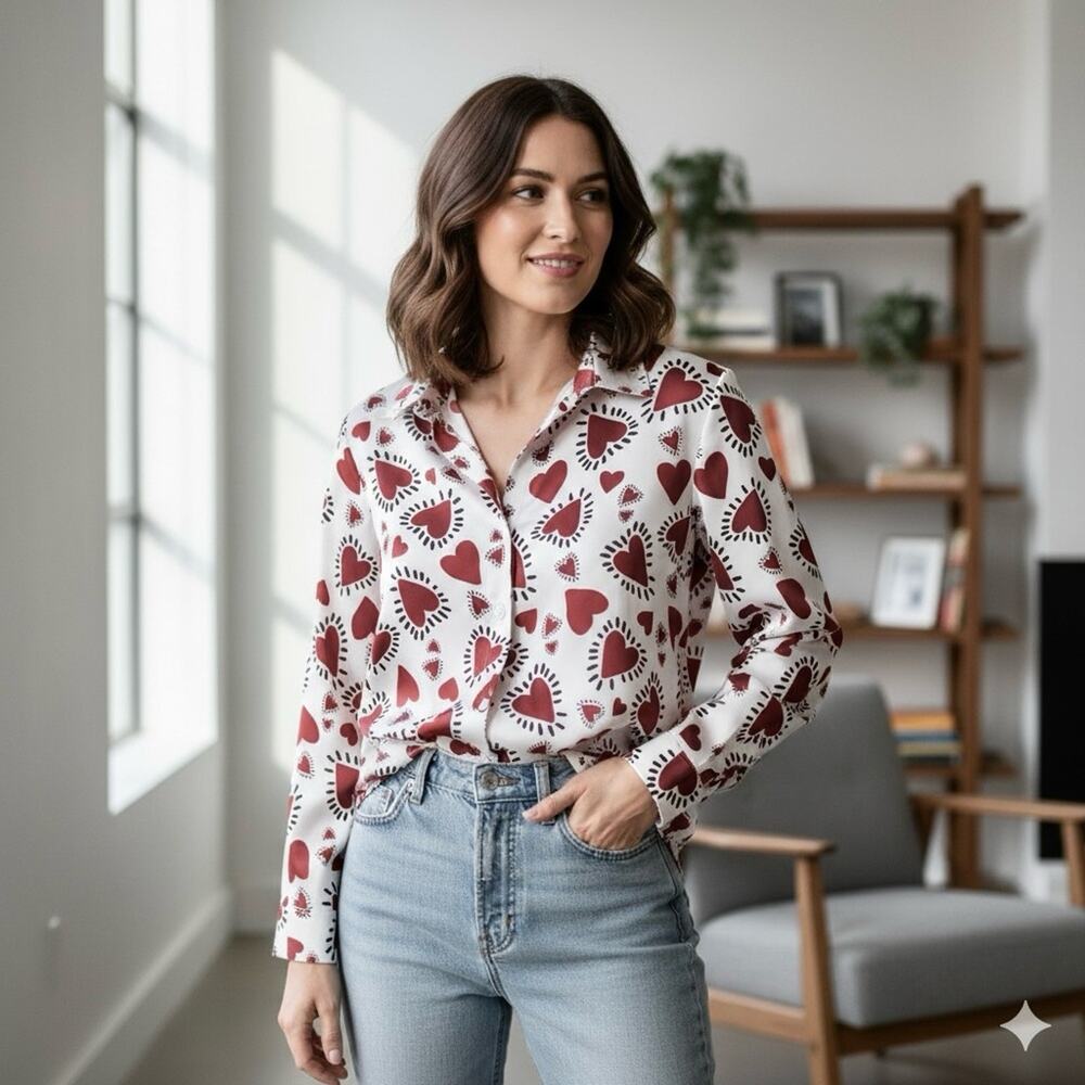 Lulumari Red Heart Satin Button Up Shirt Maroon Red White Womens Large
